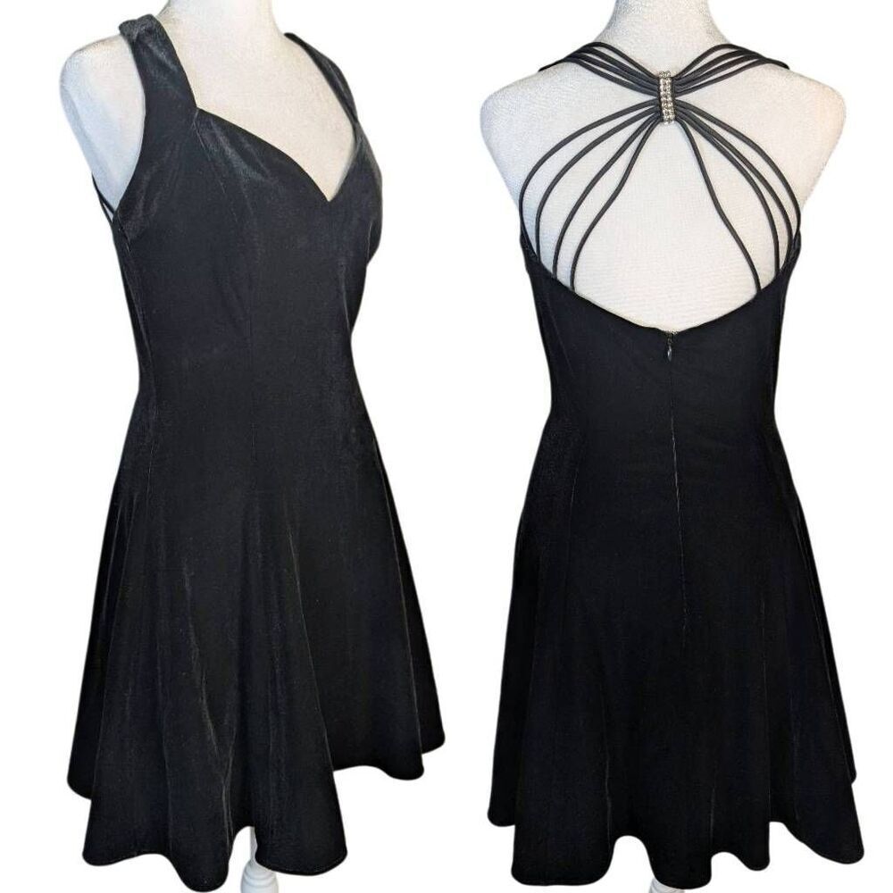 Betsy & Adam Vintage 90s black velvet strappy back mini party dress womens S